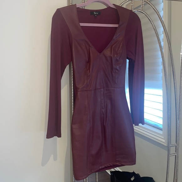 burgundy leather dress long sleeve Mara Draped Vegan Leather Midi Dress